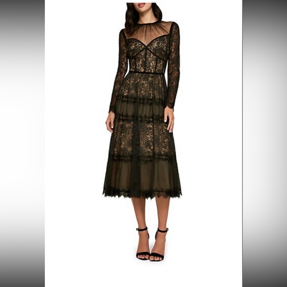 TADASHI SHOJI Dewberry Black and  Nude Lace Corset Seamed Midi Dress size 2
